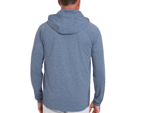 The Dunbar Hoodie: Heathered Andover, lightweight with raglan sleeves and hood, designed for breathability and sun protection, shown from back on a white background.