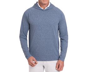 Man wearing The Dunbar Hoodie: Heathered Andover, showcasing its long sleeves and hood over a white shirt, designed for breathability and sun protection.