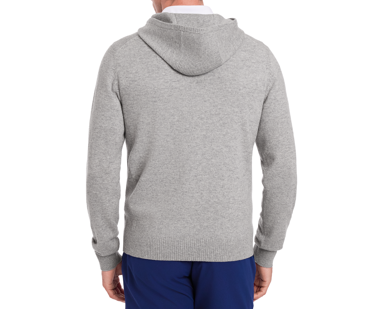 Back view of The Logan Hoodie Sweater in Heathered Gray, showcasing ribbed cuffs and hem over a collared shirt, paired with dark-blue pants.