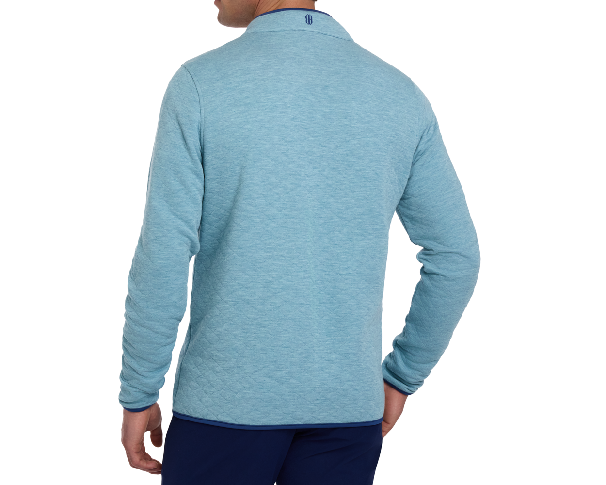 The Sullivan Quarter-Snap: Heathered Harbor pullover shown from the back, featuring a subtle heathered texture and contrasting dark-blue trim on hem and cuffs.