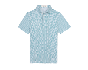 The Kitts Boys Shirt: Harbor, featuring a geometric turtle print in a classic polo style with a structured collar and three-button placket.