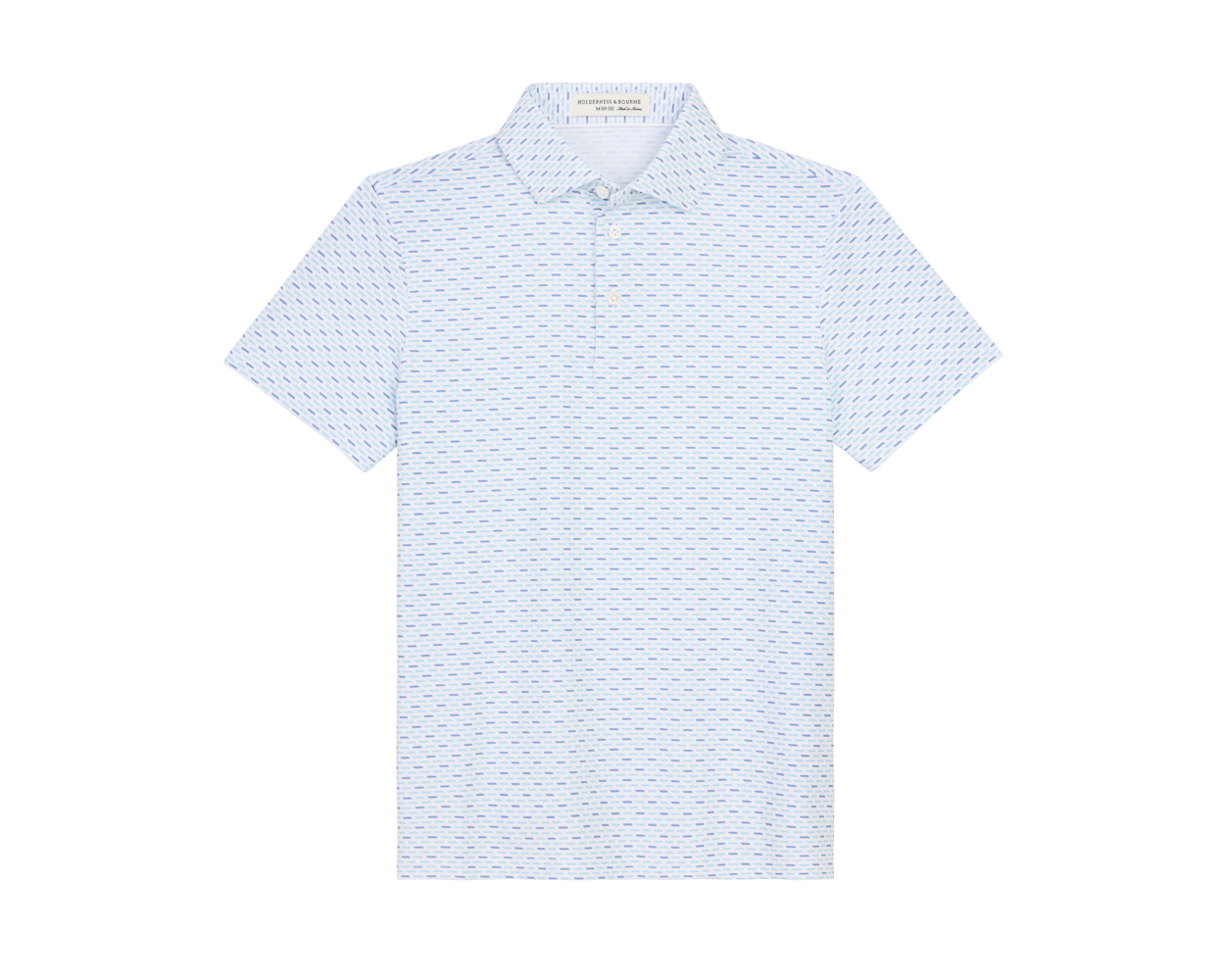The James Boys Shirt: Harbor & Maidstone Blue, features a short-sleeve polo with a classic three-button placket, subtle nautical pattern, and structured spread collar.