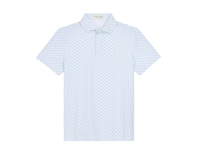 The James Boys Shirt: Harbor & Maidstone Blue, features a short-sleeve polo with a classic three-button placket, subtle nautical pattern, and structured spread collar.
