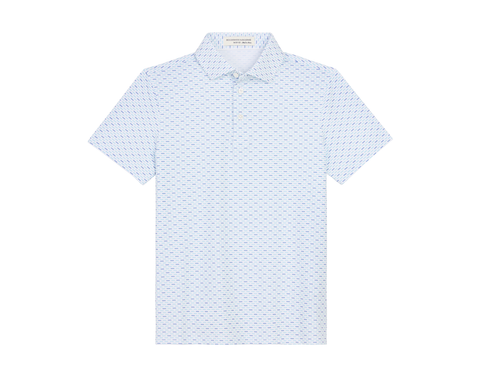 The James Boys Shirt: Harbor & Maidstone Blue, features a short-sleeve polo with a classic three-button placket, subtle nautical pattern, and structured spread collar.