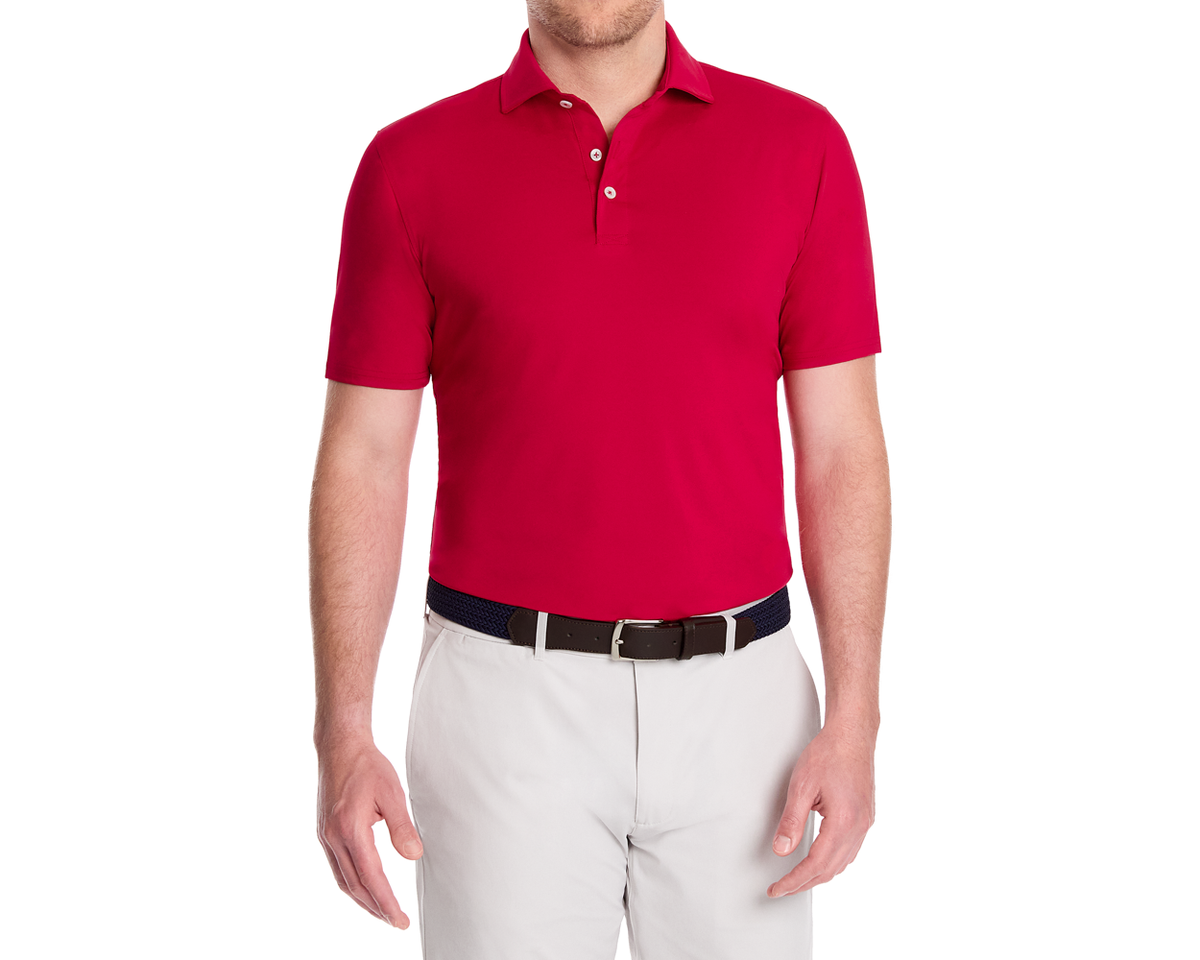 Man wearing Holderness & Bourne Men’s Red Golf Polo Shirt