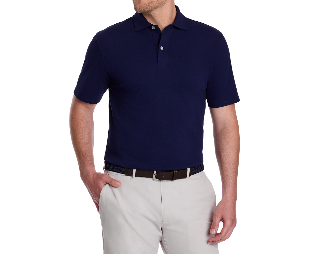 The Neville Shirt: Navy, featuring a short-sleeve polo design, paired with light trousers and a woven belt, showcasing a relaxed yet polished style.