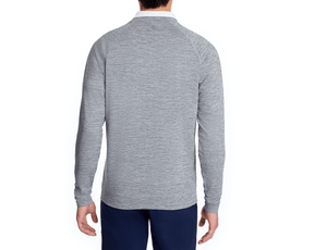 The Laidlay Crewneck: Heathered Gray, shown from the back, highlights its soft, stretchy fabric and modern fit, worn with navy pants against a simple backdrop.