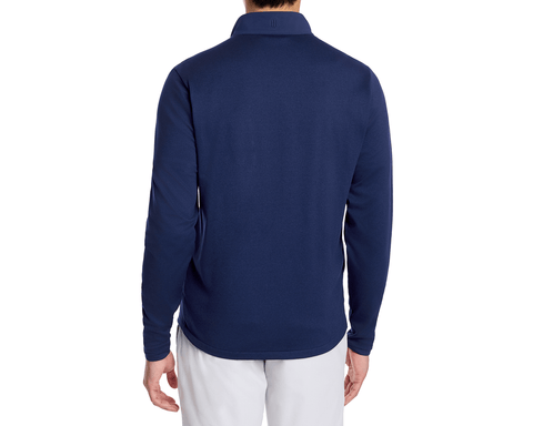 The Brodie Jacket: Navy, shown from the back, features long sleeves and drop tail styling, ideal for versatility and comfort in cooler weather.