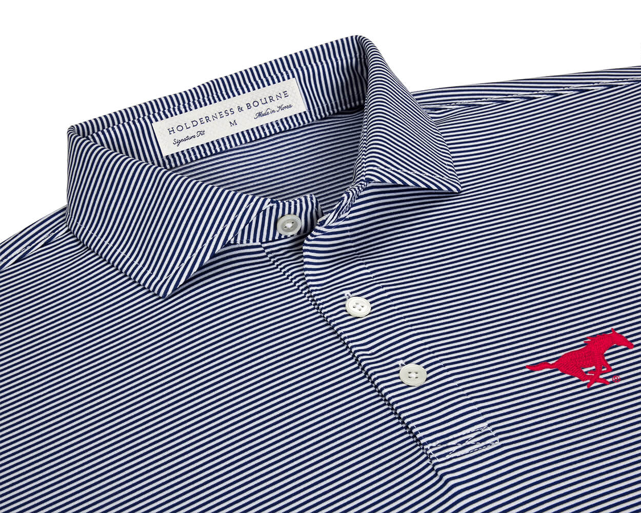 Close-up of Southern Methodist University Perkins Shirt: Navy & White showing the spread collar, placket, and red mustang logo on the left chest.