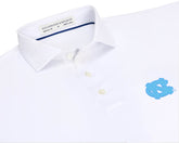 Close-up of University of North Carolina Anderson Shirt: White showing the spread collar, three buttons, navy collar piping, and light blue interlocking NC embroidery.