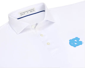 Close-up of University of North Carolina Anderson Shirt: White showing the spread collar, three buttons, navy collar piping, and light blue interlocking NC embroidery.