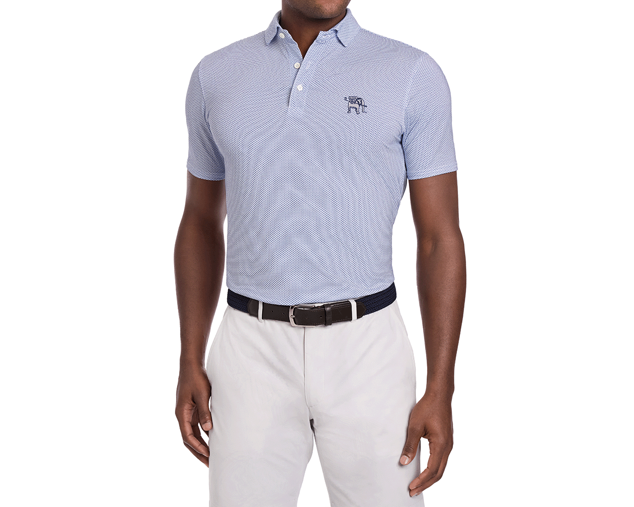 Model in a Yale Golf Course Armfield Shirt: Andover, showcasing a light-blue polo with a micro-print and embroidered logo, paired with beige trousers and a navy belt.