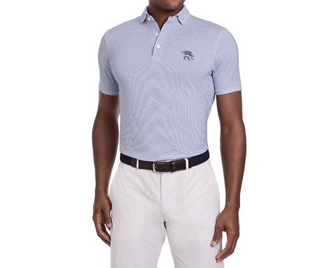 Model in a Yale Golf Course Armfield Shirt: Andover, showcasing a light-blue polo with a micro-print and embroidered logo, paired with beige trousers and a navy belt.