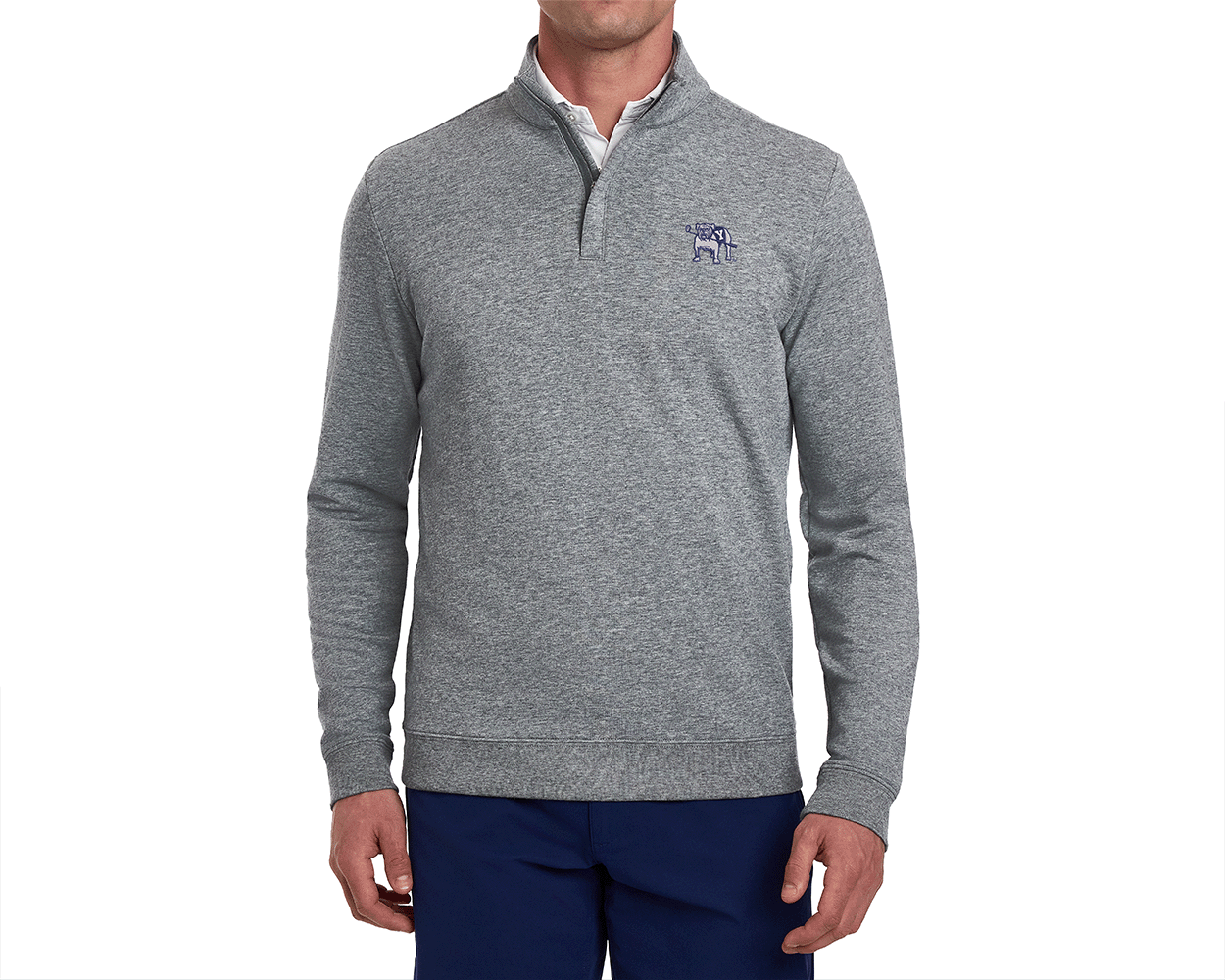 Male model wearing Yale Golf Course Harper Pullover: Heathered Gray, featuring a quarter-zip design with a bulldog logo, over a white shirt, paired with dark blue pants.