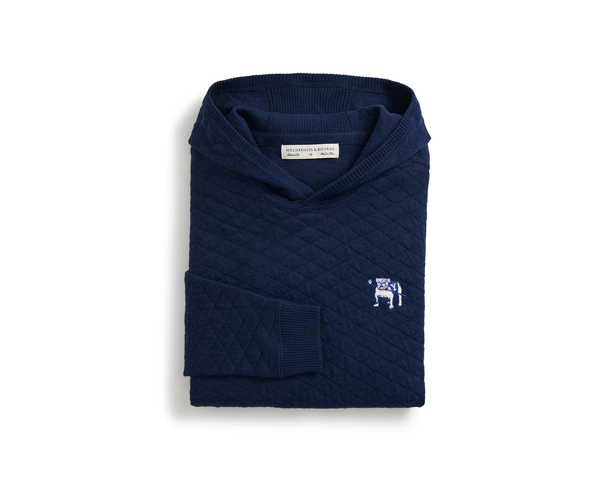 Yale Golf Course Wallace Sweater: Heathered Navy, featuring a quilt-textured, diamond pattern hoodie with a white bulldog logo and Holderness & Bourne label inside.