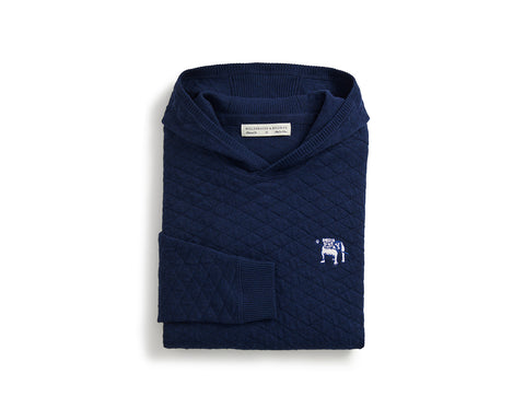 Yale Golf Course Wallace Sweater: Heathered Navy, featuring a quilt-textured, diamond pattern hoodie with a white bulldog logo and Holderness & Bourne label inside.