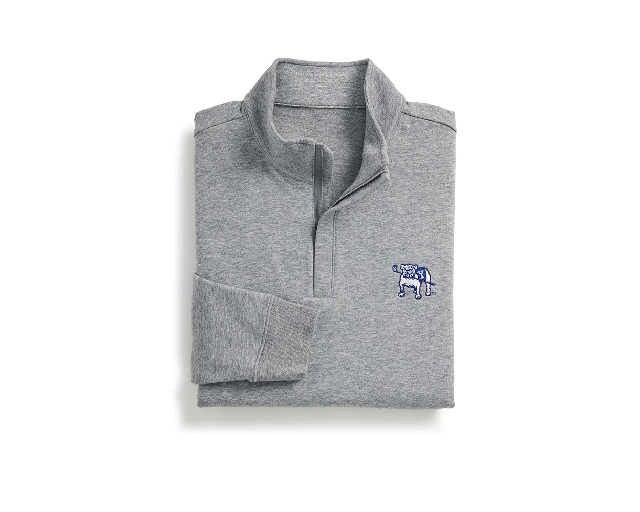 Yale Golf Course Harper Pullover in heathered gray, featuring a quarter-zip design with a stand-up collar and blue-white embroidered bulldog logo on the chest.