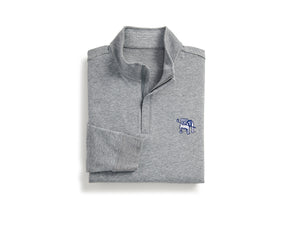 Yale Golf Course Harper Pullover in heathered gray, featuring a quarter-zip design with a stand-up collar and blue-white embroidered bulldog logo on the chest.