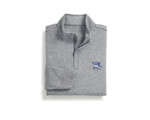 Yale Golf Course Harper Pullover in heathered gray, featuring a quarter-zip design with a stand-up collar and blue-white embroidered bulldog logo on the chest.