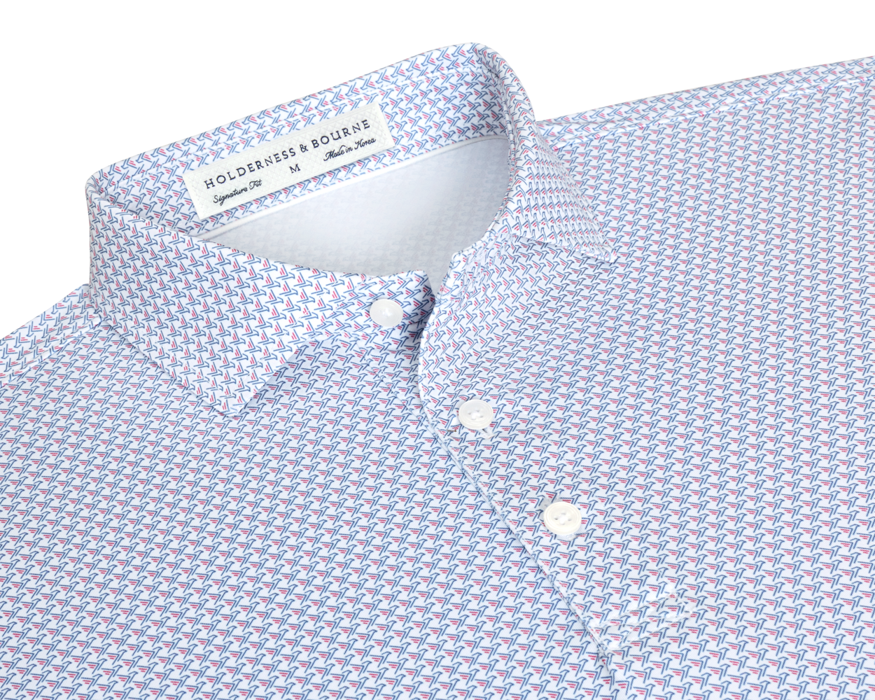 Collar detail of The Justice Shirt: Napa & Pacific Blue showing the spread collar, white buttons, and Holderness & Bourne Signature Fit label.