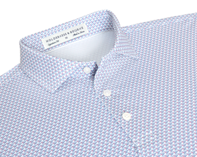 Collar detail of The Justice Shirt: Napa & Pacific Blue showing the spread collar, white buttons, and Holderness & Bourne Signature Fit label.