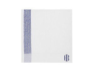 Square shaped white and blue striped Holderness and Bourne towel with logo embroidery.